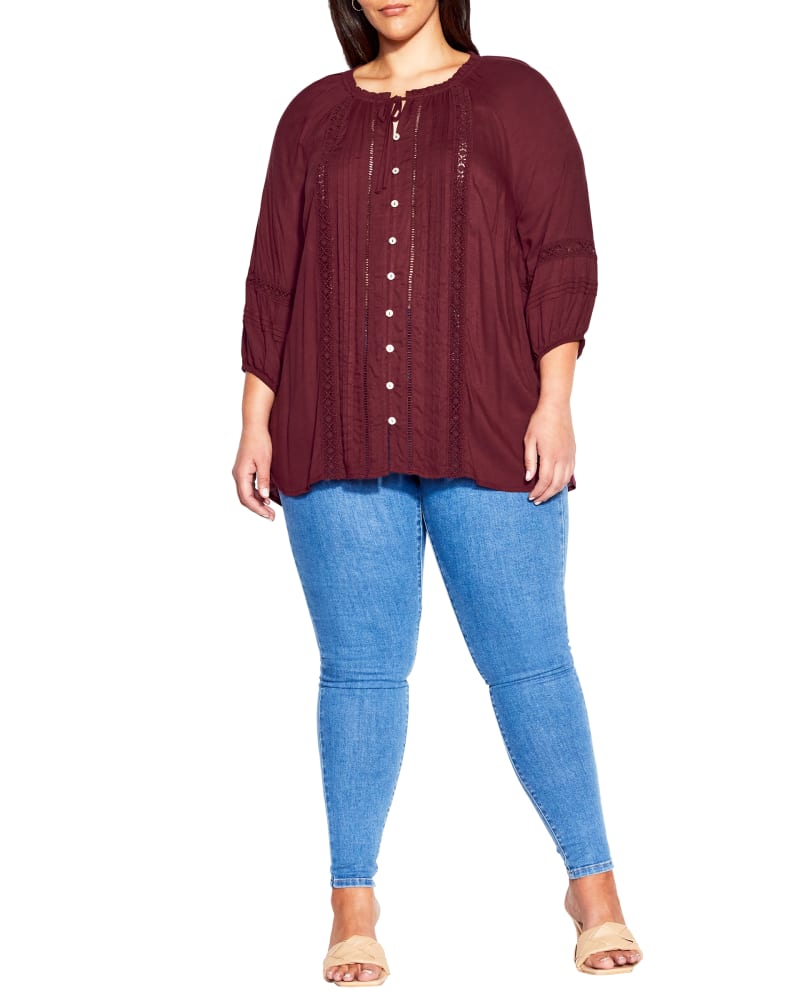 Front of a model wearing a size 18 Liana Lace Blouse in Merlot by avenue. | dia_product_style_image_id:302998